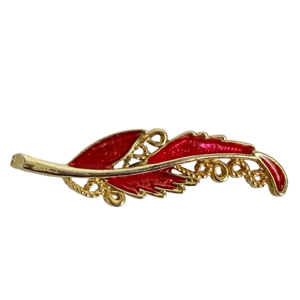 Brooch Pin Women Red Gold Enamel Curved Leaf Feather Vintage Retro Glamour